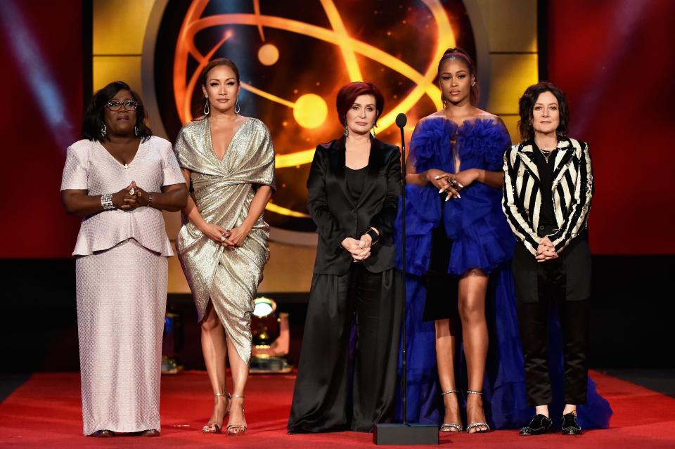 (From left) Sheryl Underwood, Carrie Ann Inaba, Sharon Osbourne, Eve, and Sara Gilbert at the 46th annual Daytime Emmy Awards at Pasadena Civic Center on May 05, 2019.