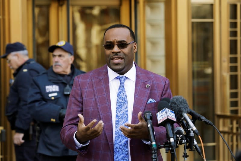 Attorney Montell Figgins, who represents guard Michael Thomas, speaks after a hearing in the death of Jeffrey Epstein, outside a federal court in New York City