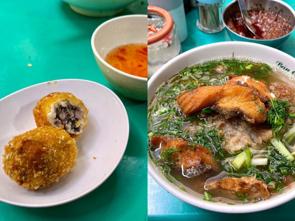 Fried fish cake on plate and fried fish noodle soup in bowl in Vietnam