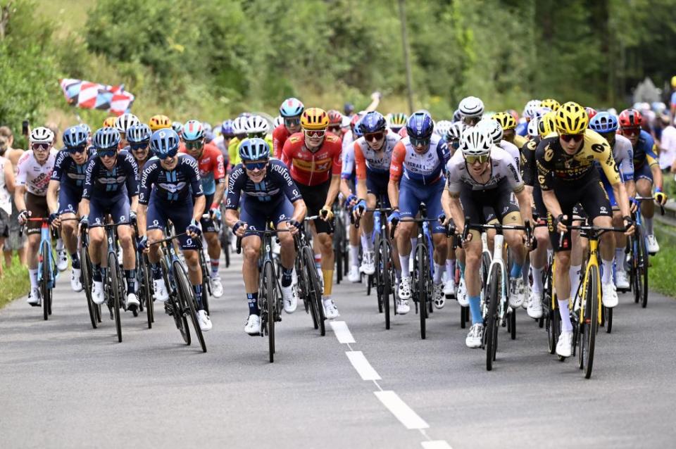 The pack of riders pictured in action during stage 8 of the Tour de France cycling race a 2007 km race from Libourne to Limoges  France Saturday 08 July 2023 This years Tour de France takes place from 01 to 23 July 2023 BELGA PHOTO DIRK WAEM Photo by DIRK WAEM  BELGA MAG  Belga via AFP Photo by DIRK WAEMBELGA MAGAFP via Getty Images
