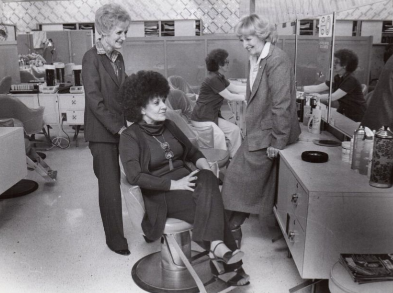 Seligman and Latz beauty salon employees Jean Greene, Vicki Carlson and Lola Vincent show off their new home in 1978 on the third floor at 111 S. Main St. in downtown Akron. The salon had been at Polsky's.