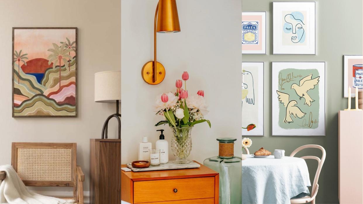  Three pictures: one of a brown room, one of a side table with flowers and a lamp, and one of a green room with wall art. 