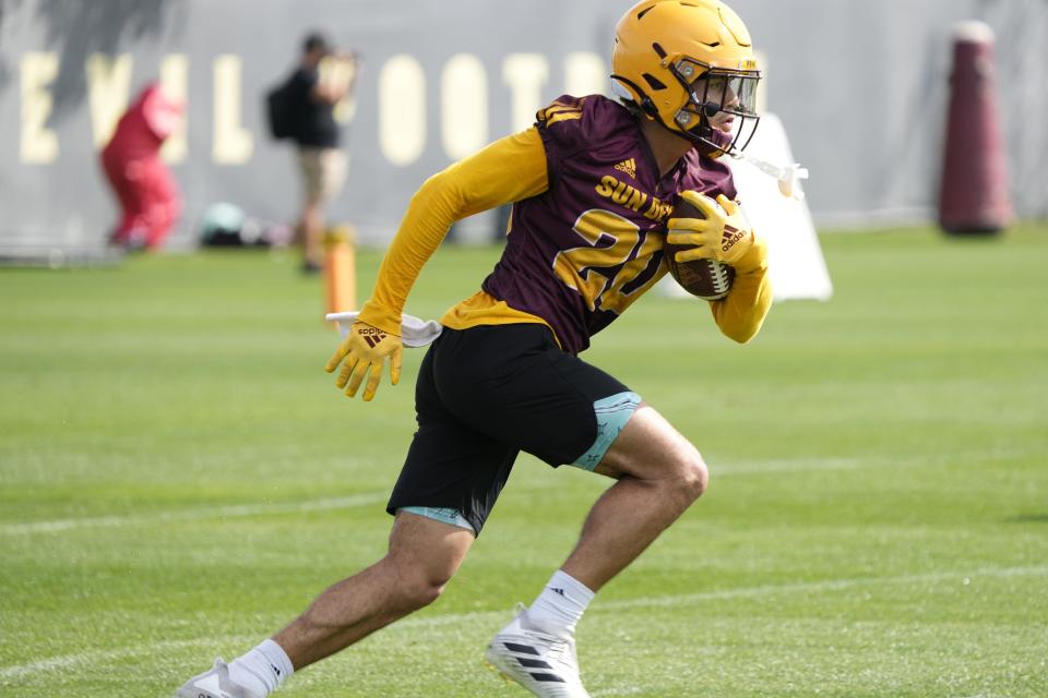 Arizona State Sun Devils wide receiver Giovanni Sanders runs with the ball during spring football practice at the Kajikawa practice fields in Tempe on March 16, 2023.