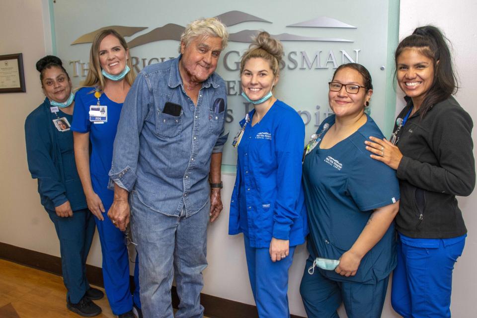 Jay Leno said goodbye to the care team at The Grossman Burn Center in Southern California on Nov. 21.