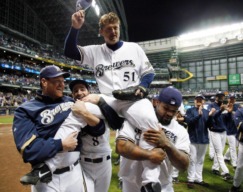 Milwaukee Brewers relief pitcher Trevor Hoffman is carried off the field after the Brewers defeated the St. Louis Cardinals  4-2 on Sept. 7, 2010, in Milwaukee. Hoffman picked up his career 600th save.