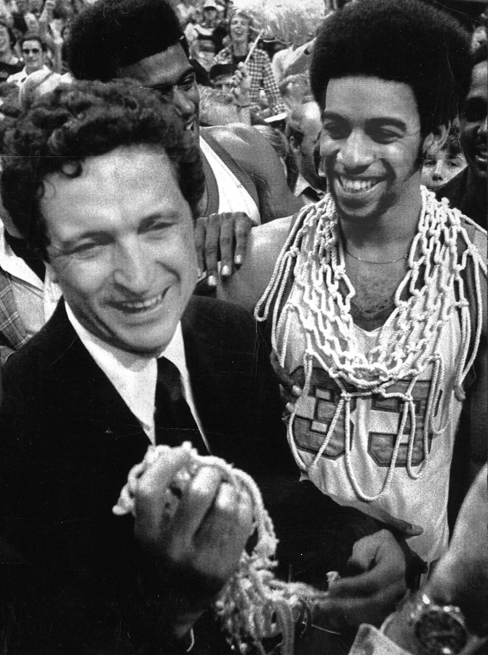 Marquette coach Al McGuire and forward Bernard Toone after winning the 1977 NCAA National Championship game in Atlanta, Georgia.