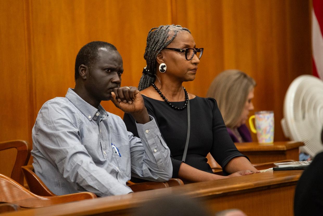 Bul Mabil stares across the courtroom before the court case about Dau Mabil's death investigation began at the Hinds County Chancery Court in Jackson, Miss., on Tuesday, April 30, 2024.