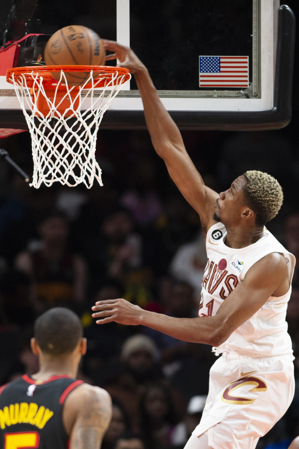 Cleveland Cavaliers forward Mamadi Diakite dunks against the Atlanta Hawks during the first half of an NBA basketball game Tuesday, March 28, 2023, in Atlanta. (AP Photo/Hakim Wright Sr.)