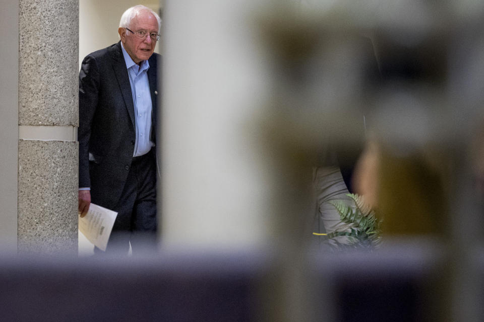 Democratic presidential candidate Sen. Bernie Sanders, I-Vt., arrives to speak at a campaign stop at the State Historical Museum of Iowa, Monday, Jan. 20, 2020, in Des Moines, Iowa. (AP Photo/Andrew Harnik)