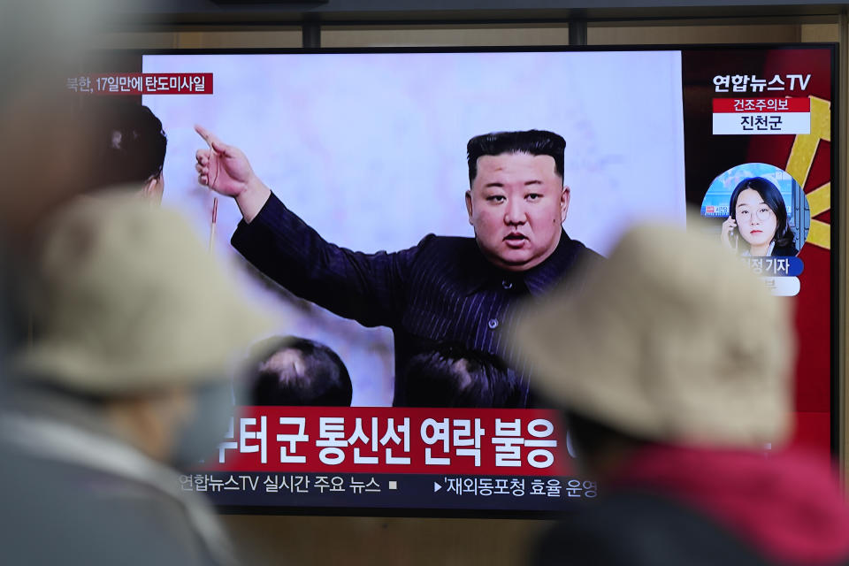 A TV screen is seen reporting North Korea's missile launch with a file image of North Korean leader Kim Jong Un during a news program at the Seoul Railway Station in Seoul, South Korea, Thursday, April 13, 2023. North Korea launched a ballistic missile that landed in the waters between the Korean Peninsula and Japan on Thursday, prompting Japan to order residents on an island to take shelter as a precaution. The order has been lifted. (AP Photo/Lee Jin-man)