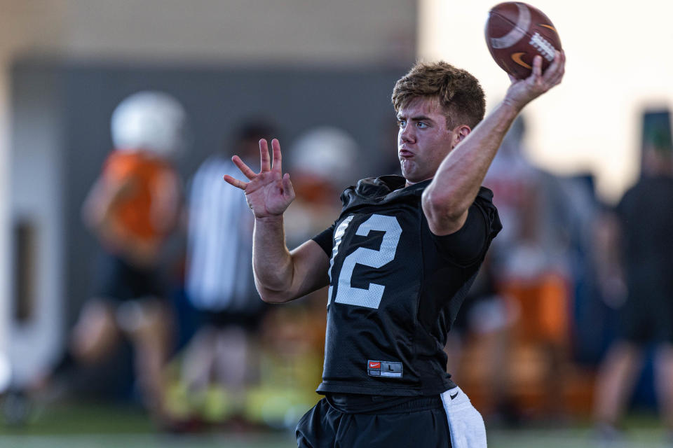 Gunnar Gundy (12) runs drills at an Oklahoma State football practice at Sherman Smith Center on OSU campus in Stillwater on Wednesday, Aug. 3, 2022.