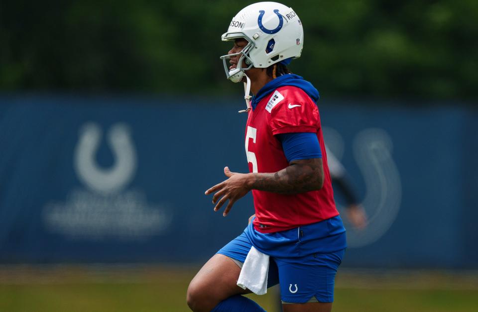 Indianapolis Colts quarterback Anthony Richardson (5) works through drills Wednesday, June 14, 2023, during mandatory minicamp at the Indiana Farm Bureau Football Center in Indianapolis.