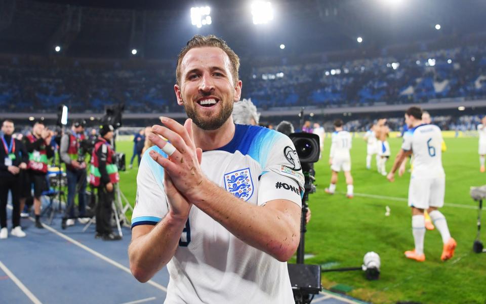 Harry Kane of England celebrates after the UEFA EURO 2024 qualifying round group C match between Italy and England at Stadio Diego Armando Maradona - Getty Images/Michael Regan