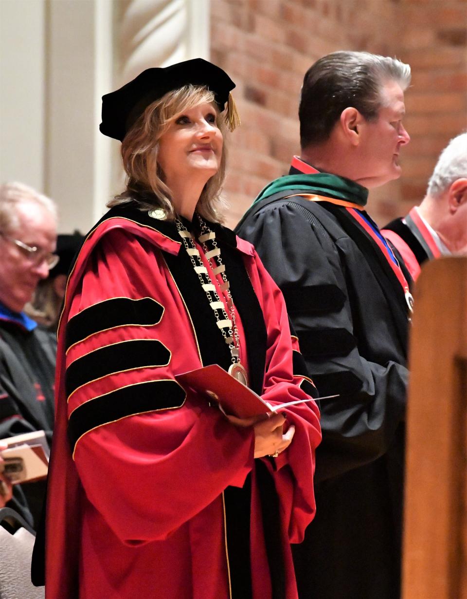 MSU President Dr. JuliAnn Mazachek, smiles as she is welcomed during her Investiture as the 12th president of MSU Texas on Thursday, Nov. 3, 2022. Mazachek spent a little over a semester as president of Midwestern State University before going back to Kansas.