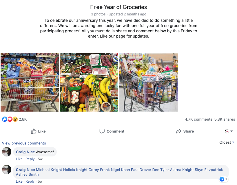 'Free year of groceries' scam posted by Facebook group Woolworths Fans.