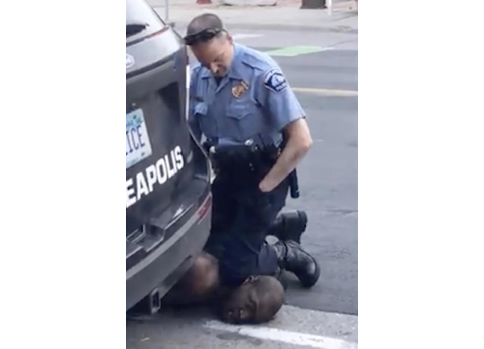 FILE - In this Monday, May 25, 2020, file frame from video provided by Darnella Frazier, a Minneapolis officer kneels on the neck of George Floyd, a handcuffed man who was pleading that he could not breathe. The death of Floyd has renewed scrutiny of immobilization techniques long used in policing around the world. (Darnella Frazier via AP, File)