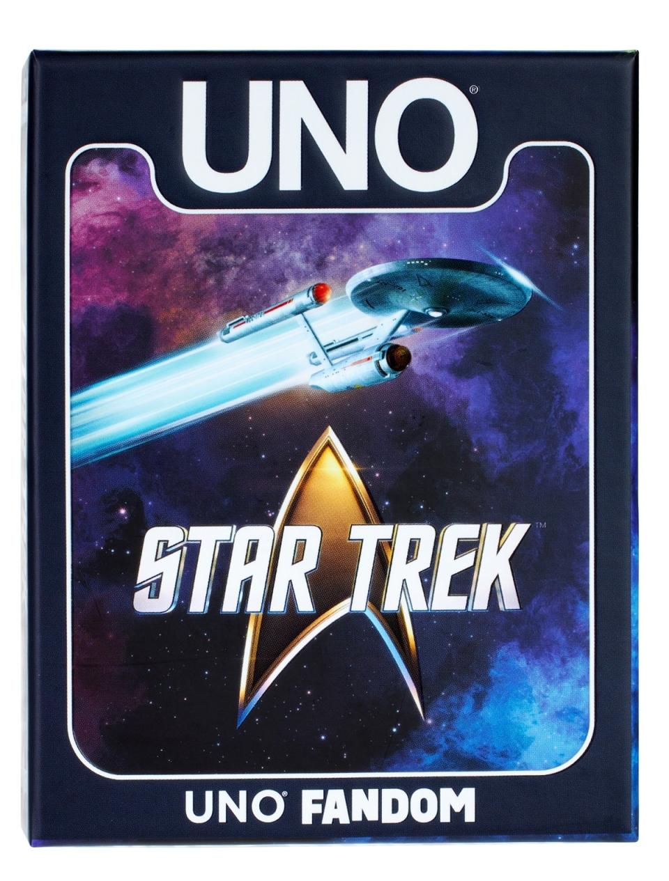 Packaging art for the UNO Fandom Star Trek deck, featuring the Starship Enterprise.