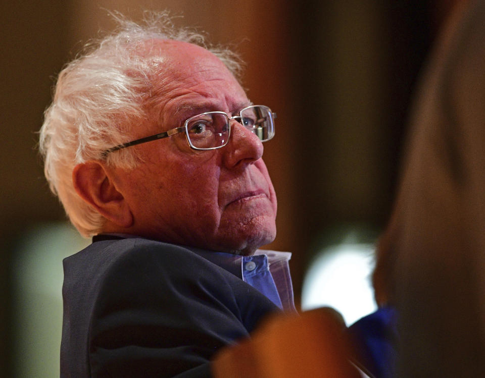 Sen. Bernie Sanders, I-Vt., sits before speaking at an Ohio workers town hall meeting, Sunday, April 14, 2019, in Warren, Ohio. (AP Photo/David Dermer)