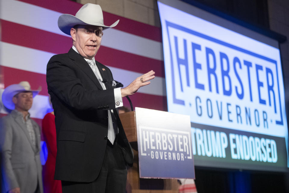 Nebraska Republican gubernatorial candidate Charles Herbster gives a concession speech, Tuesday, May 10, 2022, in Lincoln, Neb. The race was called for Jim Pillen. (Justin Wan/Lincoln Journal Star via AP)