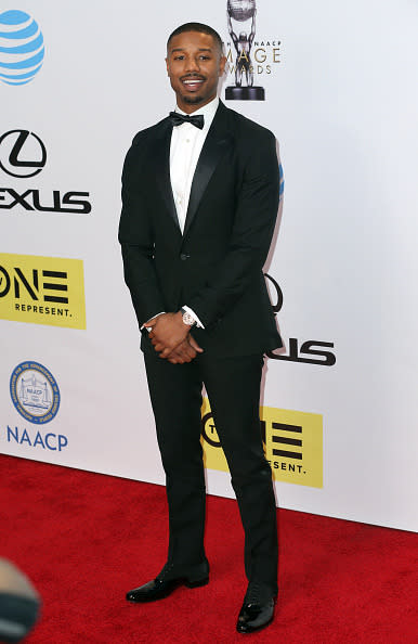 Michael B. Jordan in a perfectly tailored tux at the 47th NAACP Image Awards at Pasadena Civic Auditorium in Pasadena, California.