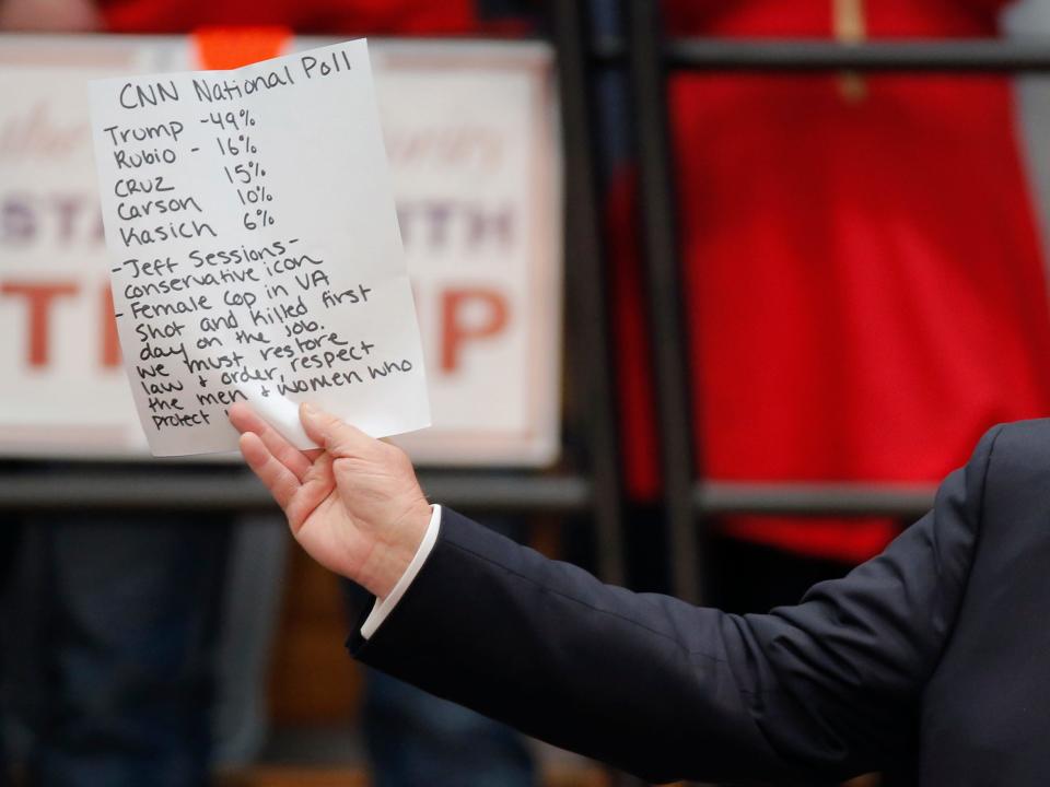 Donald Trump holds up handwritten notes as he speaks during a campaign event in 2016