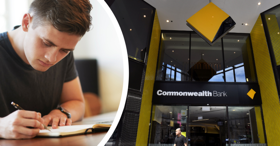 A young man studying and the exterior of a Commonwealth Bank branch