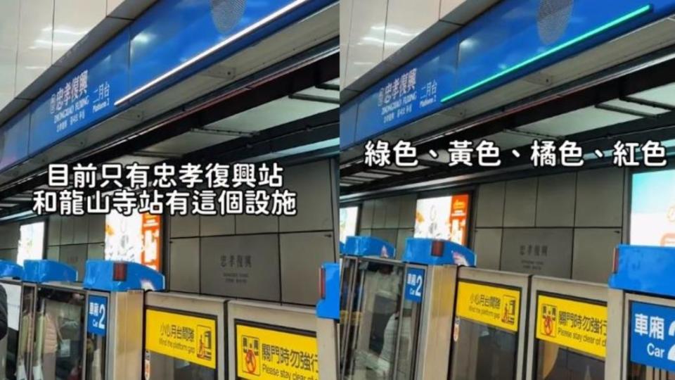 北捷忠孝復興站、龍山寺站皆有設置「神秘燈條」，讓乘客提前得知車廂擁擠程度。（圖／翻攝自「@redou_tv」TikTok）