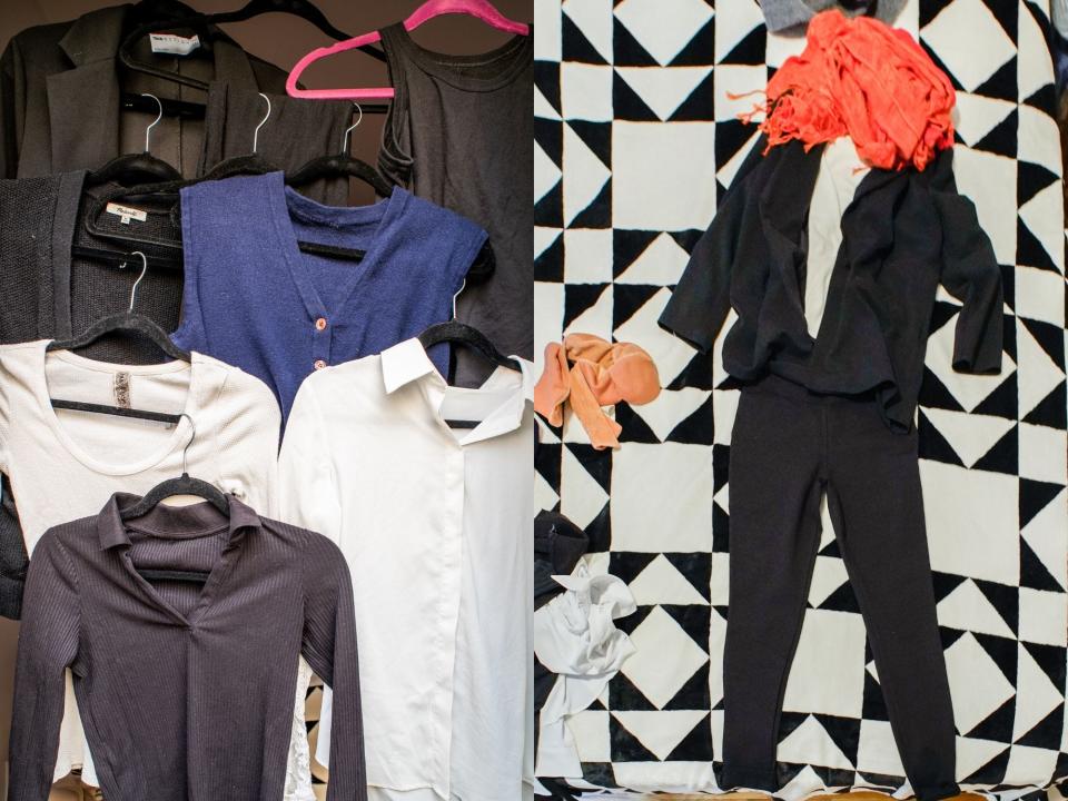 Black, white, and navy blue clothing the author packed for her trip
