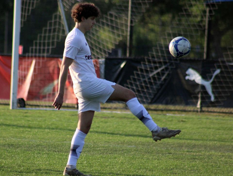 Bishop Kenny wing midfielder Joseph Jimenez (8) controls the ball in warm-ups before the Northeast Florida Senior All-Star Classic.