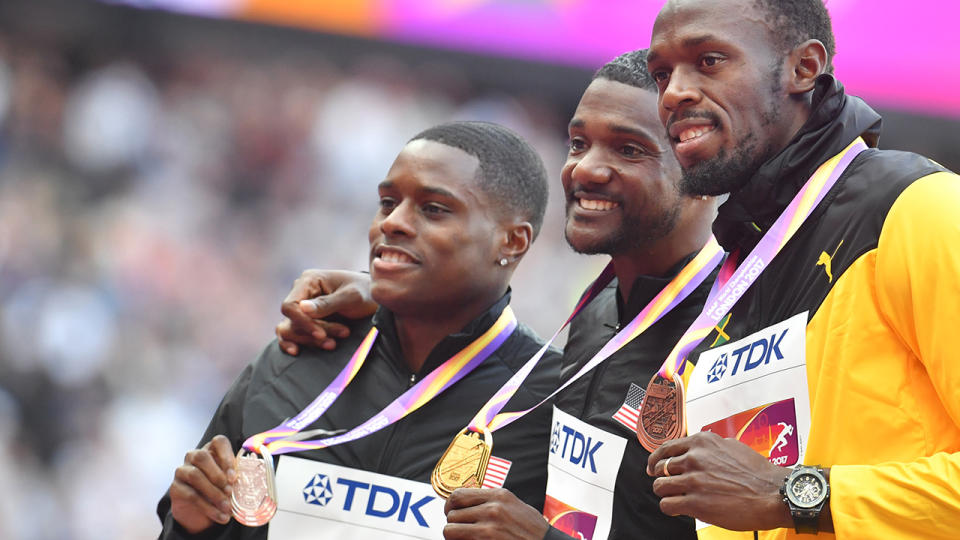 Christian Coleman, Justin Gatlin and Usain Bolt, pictured here at the 2017 world championships.