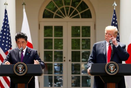 FILE PHOTO: U.S. President Donald Trump listens during a joint news conference with Japan's Prime Minister Shinzo Abe in the Rose Garden of the White House in Washington, U.S., June 7, 2018. REUTERS/Kevin Lamarque