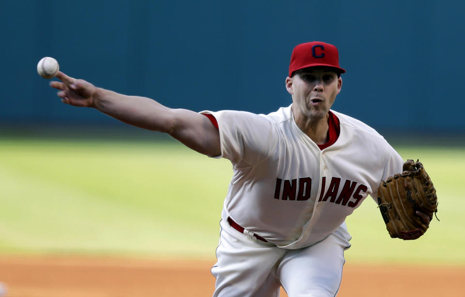 Cleveland Indians starting pitcher Justin Masterson delivers in the first inning of a baseball game against the Chicago White Sox, Saturday, May 3, 2014, in Cleveland. (AP Photo/Tony Dejak)