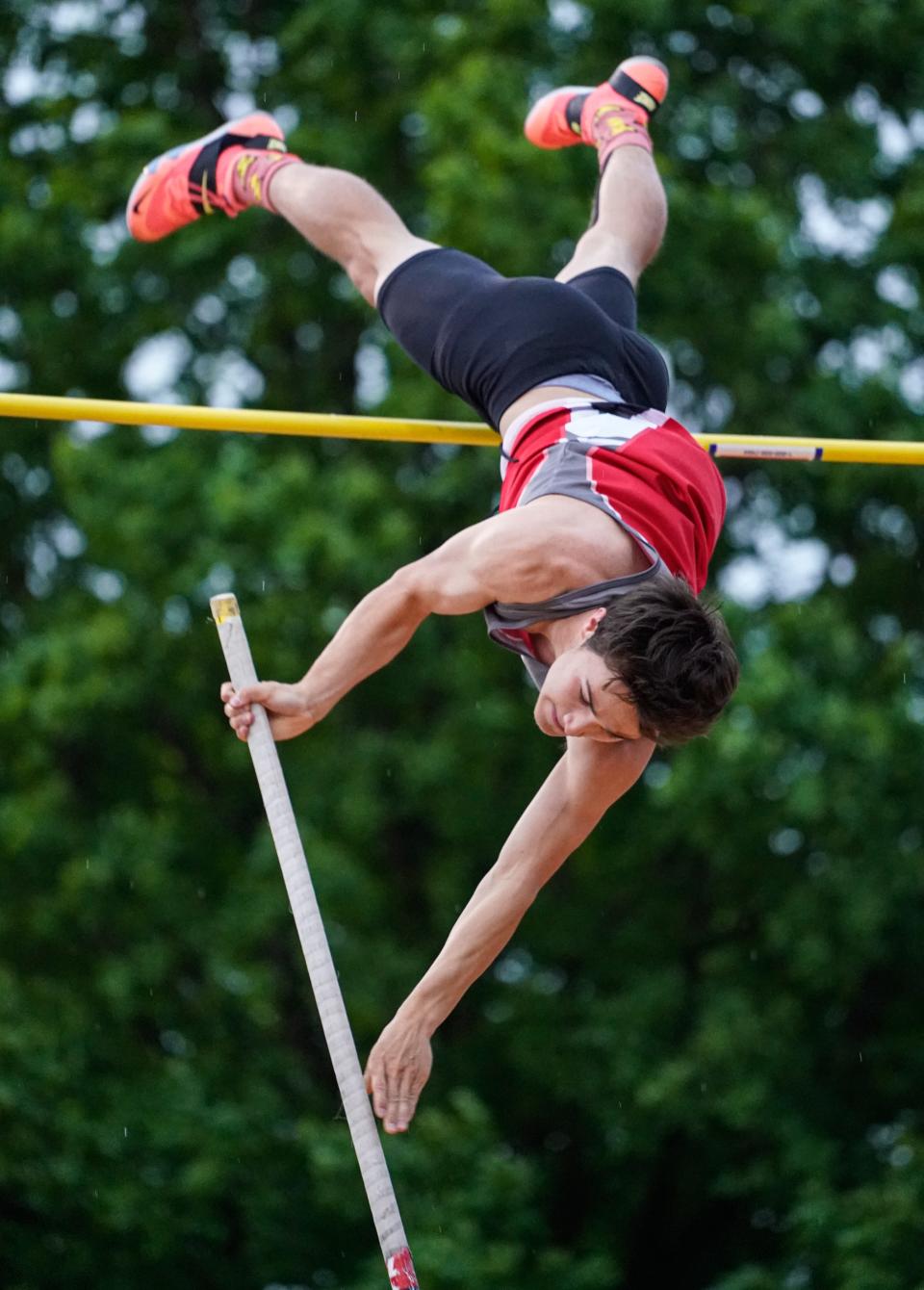 Fisher's Joshua Forbes pole vaults during the IHSAA boys track and field sectionals on Thursday, May 19, 2022, at Carmel High School in Carmel Ind.  