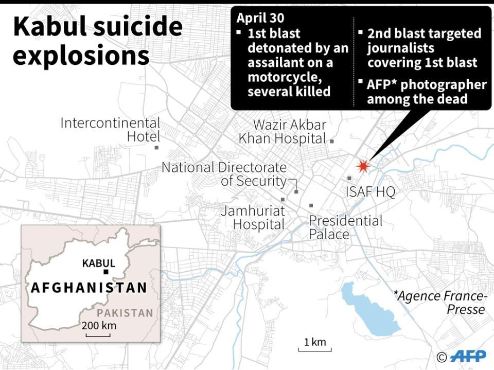 <p>Map of Kabul, Afghanistan, locating a deadly twin suicide blasts (AFP Photo/Gal ROMA) </p>