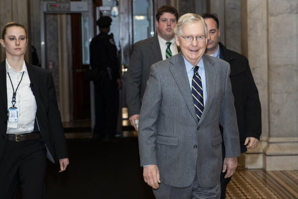 Senate Majority Leader Mitch McConnell of Ky., arrives on Capitol Hill, Monday, Feb. 3, 2020 in Washington. (AP Photo/Alex Brandon)