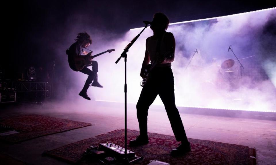 Ashton Hardman-Le Cornu and Caleb Harper of Spacey Jane perform on a smoke-filled stage