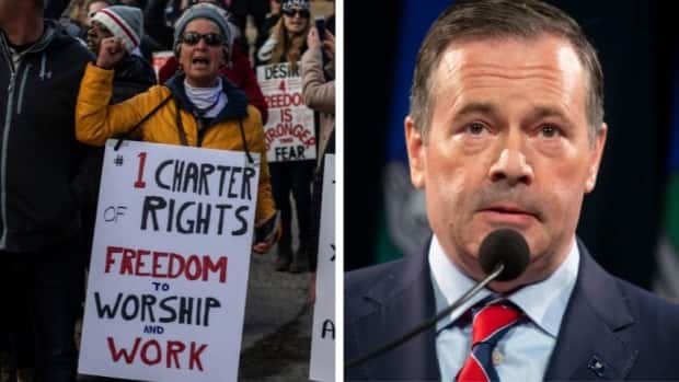 While leading Alberta's response to the COVID-19 pandemic, Premier Jason Kenney has encountered opposition, including protestors claiming their freedoms have been violated. (Jason Franson, Todd Korol - image credit)
