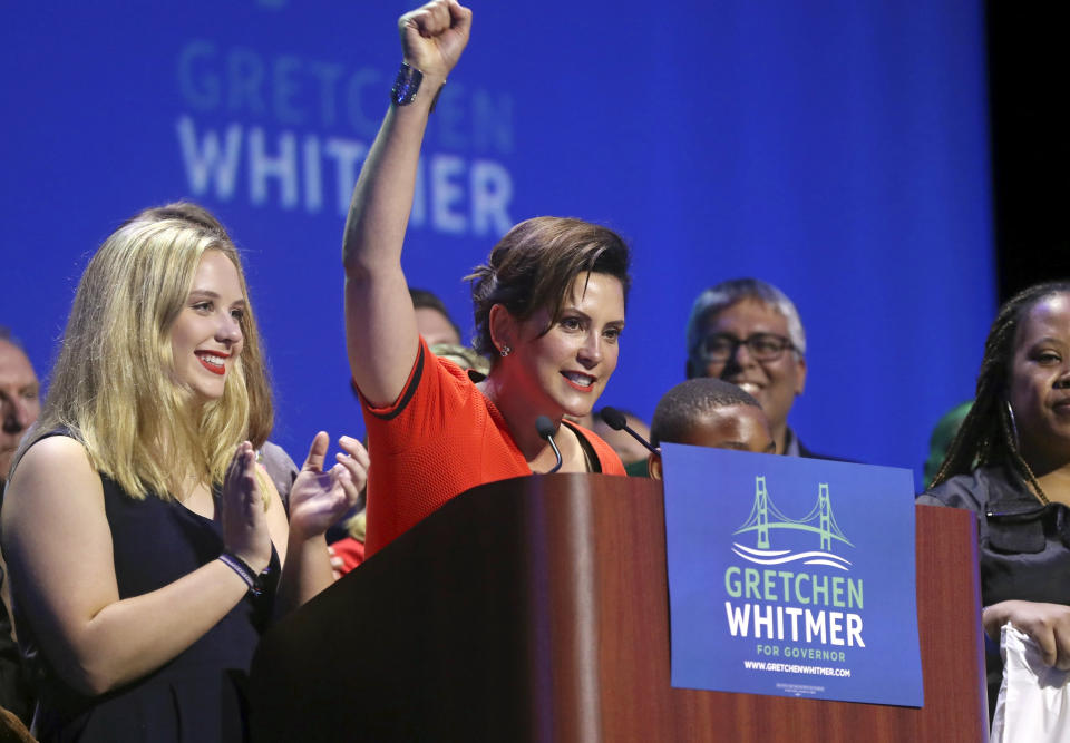 FILE - In this Aug. 7, 2018 file photo, Michigan Democratic gubernatorial candidate Gretchen Whitmer addresses her supporters in Detroit after winning the primary. Whitmer will face Republican Bill Schuette in November. She is focusing her campaign on cleaning up drinking water across the state, rebuilding roads and maintaining the expansion of Medicaid that provided health coverage to 663,000 lower-income adults. (AP Photo/Carlos Osorio, File)