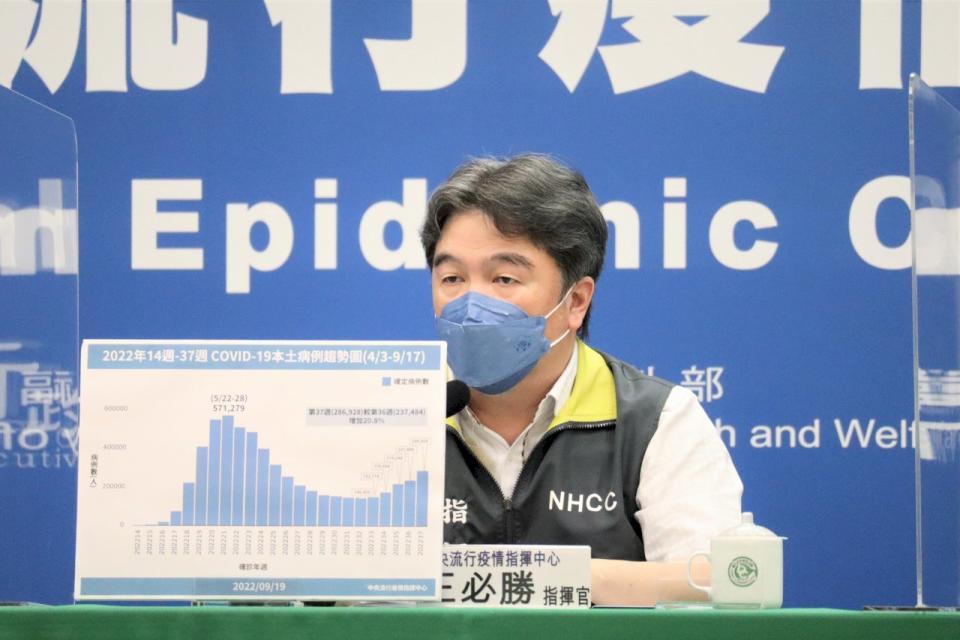 王必勝19日表示，疫情仍在上升，估21或28日達高峰。(指揮中心提供)