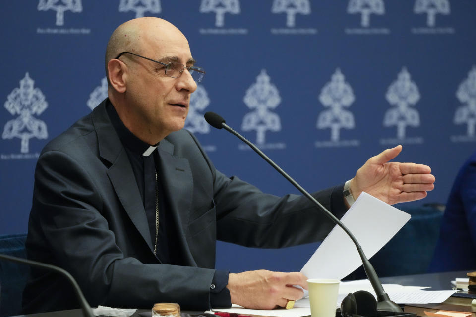 The prefect of the Vatican's Dicastery for the Doctrine of the Faith, Cardinal Victor Manuel Fernandez, presents the declaration 'Dignitas Infinita' (Infinite Dignity) during a press conference at the Vatican, Monday, April 8, 2024. (AP Photo/Gregorio Borgia)