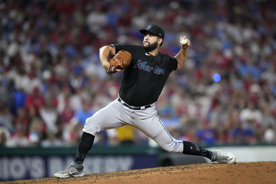 Miami Marlins' Enmanuel De Jesus pitches during the fifth inning of a baseball game against the Philadelphia Phillies, Saturday, Sept. 9, 2023, in Philadelphia. (AP Photo/Matt Slocum)