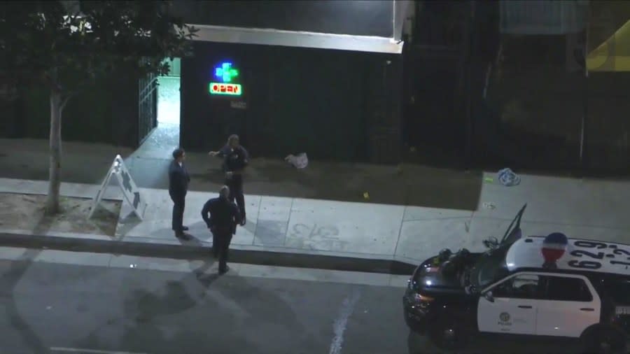 A suspect remains at large after a man was shot and killed in South Los Angeles on Nov. 10, 2023. (KTLA)