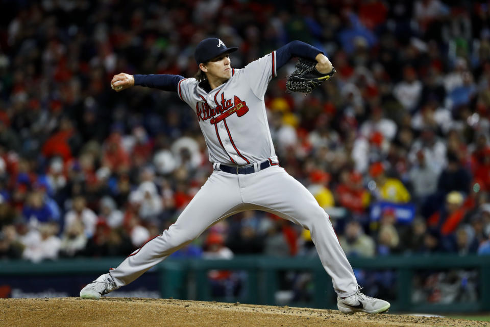 Atlanta Braves' Kyle Wright pitches during the second inning of a baseball game against the Philadelphia Phillies, Sunday, March 31, 2019, in Philadelphia. (AP Photo/Matt Slocum)