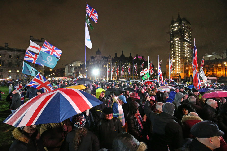 Pro-Brexit supporters in Parliament Square, London, ahead of the UK leaving the European Union at 11pm on Friday.