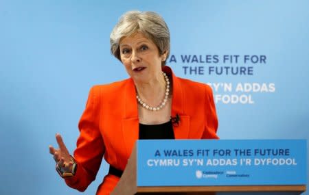 Britain's Prime Minister Theresa May speaks during the Welsh Conservative Party Conference in Kidwelly, South Wales, Britain May 18, 2018. REUTERS/Andrew Yates/Pool