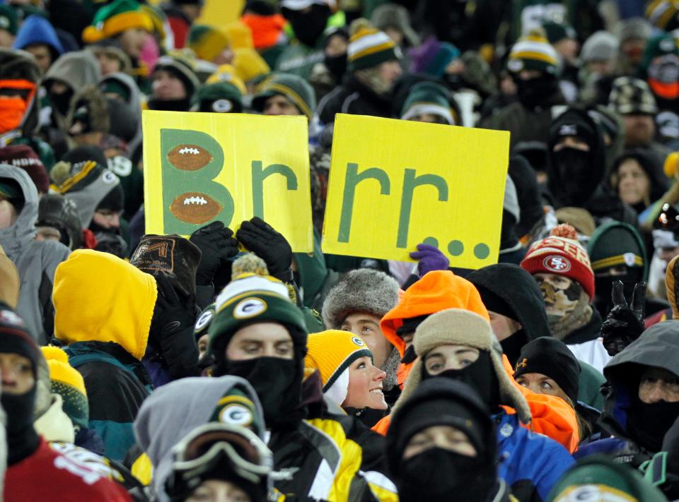 Fans hold a sign illustrating the cold during the fourth quarter of the Packers' 23-20 loss to the San Francisco 49ers at Lambeau Field during a 2014 playoff game.