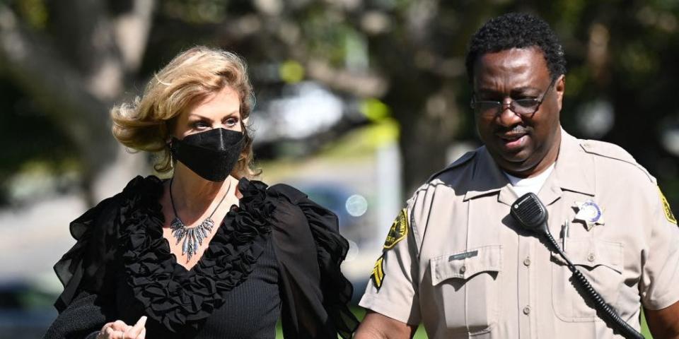 Plaintiff Judy Huth (L) arrives outside the courthouse for the start of her civil trial against actor Bill Cosby, on June 1, 2022 at Los Angeles Superior Court in Santa Monica, California.