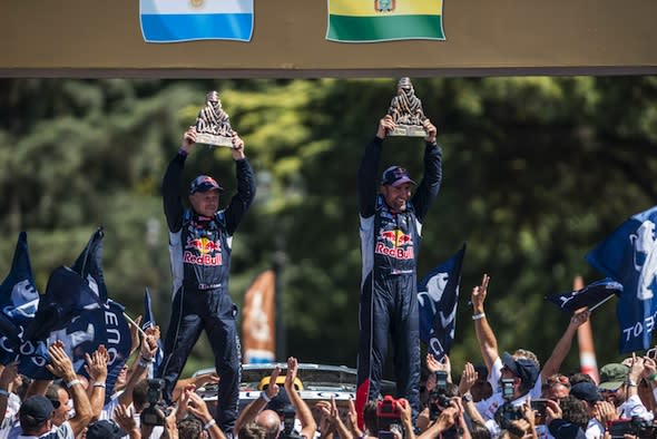 Stephane Peterhansel (FRA), Jean Paul Cottret (FRA) of Team Peugeot-Total celebrates on the podium of Rally Dakar 2016 in Rosario, Argentina on January 16th, 2016 // Marcelo Maragni/Red Bull Content Pool // P-20160116-00127 // Usage for editorial use only // Please go to www.redbullcontentpool.com for further information. // 