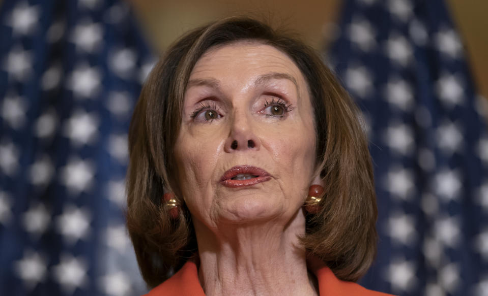 In this June 21, 2019, photo, House Speaker Nancy Pelosi of Calif., speaks with reporters at the Capitol in Washington. Pelosi says President Donald Trump’s threat to begin deporting migrants if Congress doesn’t quickly pass immigration legislation is ‘outside the circle of civilized human behavior.’ (AP Photo/J. Scott Applewhite)