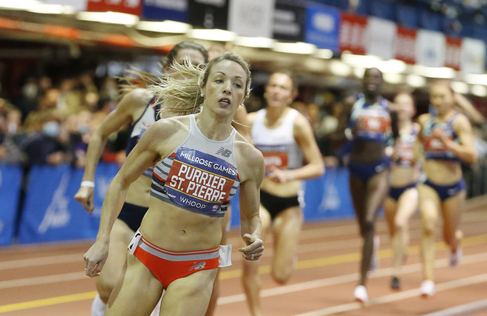 Elle Purrier St. Pierre of the United States leads the field during the Whoop Wanamaker Mile during the 114th Millrose Games held at The Armory Track on January 29, 2022 in New York City.<span class="copyright">Michael Cohen—Getty Images</span>